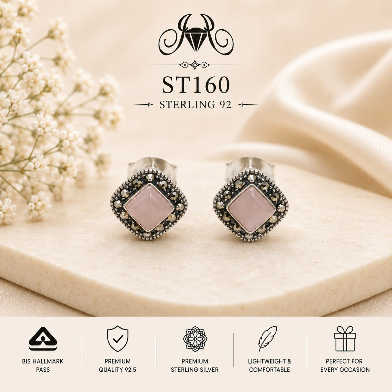 Pink Diamond Halo 925 Sterling Silver Stud Earrings ST160 portrait
