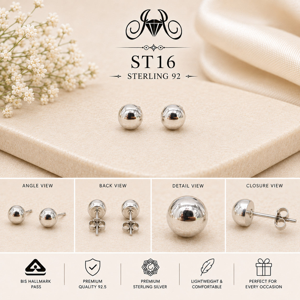 Classic Silver Ball 925 Sterling Silver Stud Earrings ST16 details