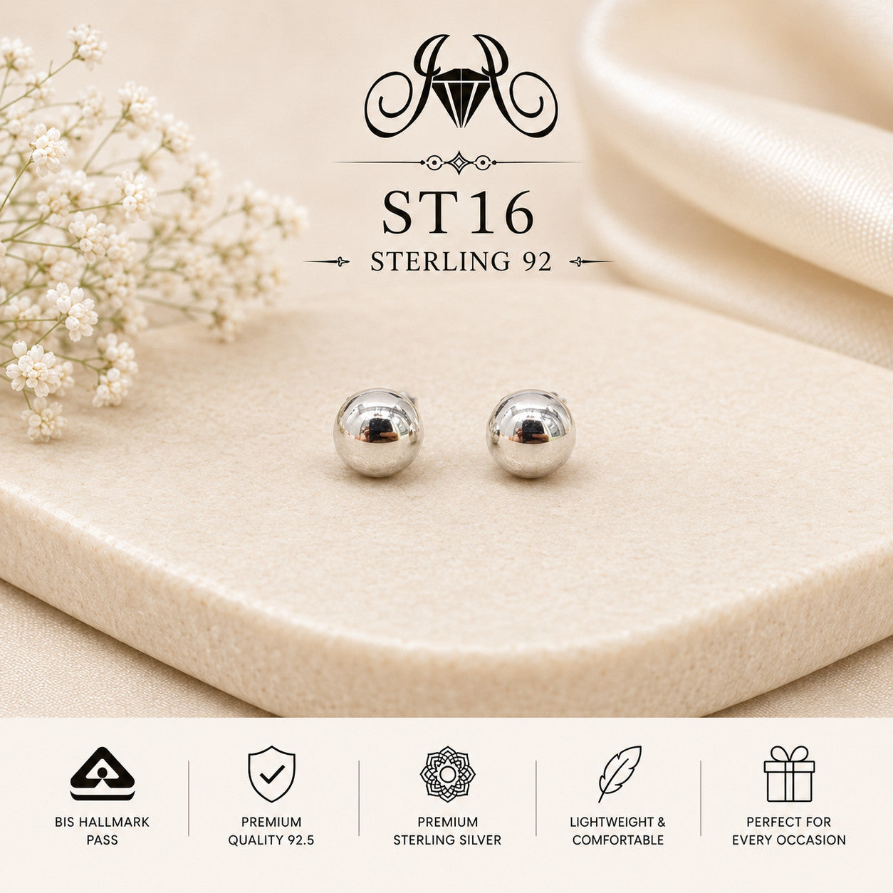 Classic Silver Ball 925 Sterling Silver Stud Earrings ST16 portrait
