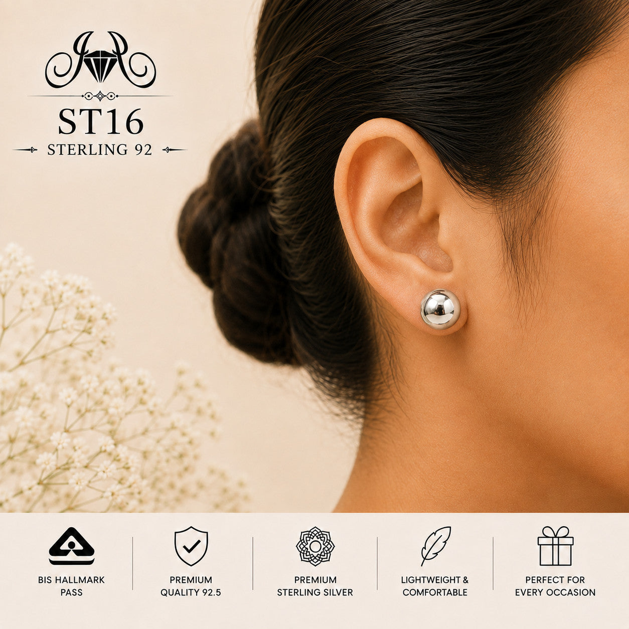Classic Silver Ball 925 Sterling Silver Stud Earrings ST16 wearing view