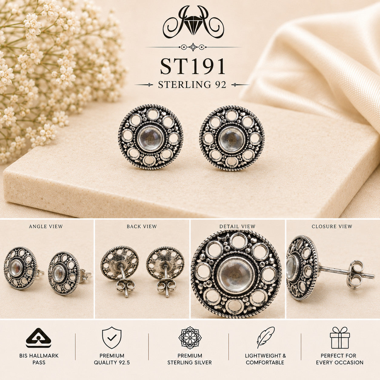 Oxidized Open Circle 925 Sterling Silver Stud Earrings ST191 details