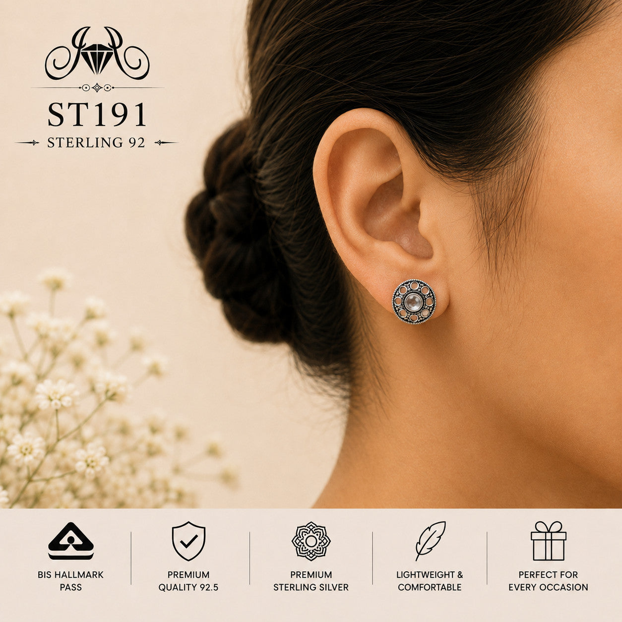 Oxidized Open Circle 925 Sterling Silver Stud Earrings ST191 wearing view