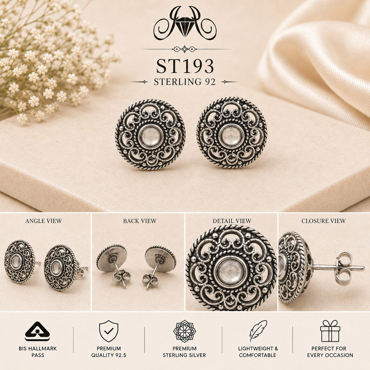 Oxidized Concentric Round 925 Sterling Silver Stud Earrings ST193 details