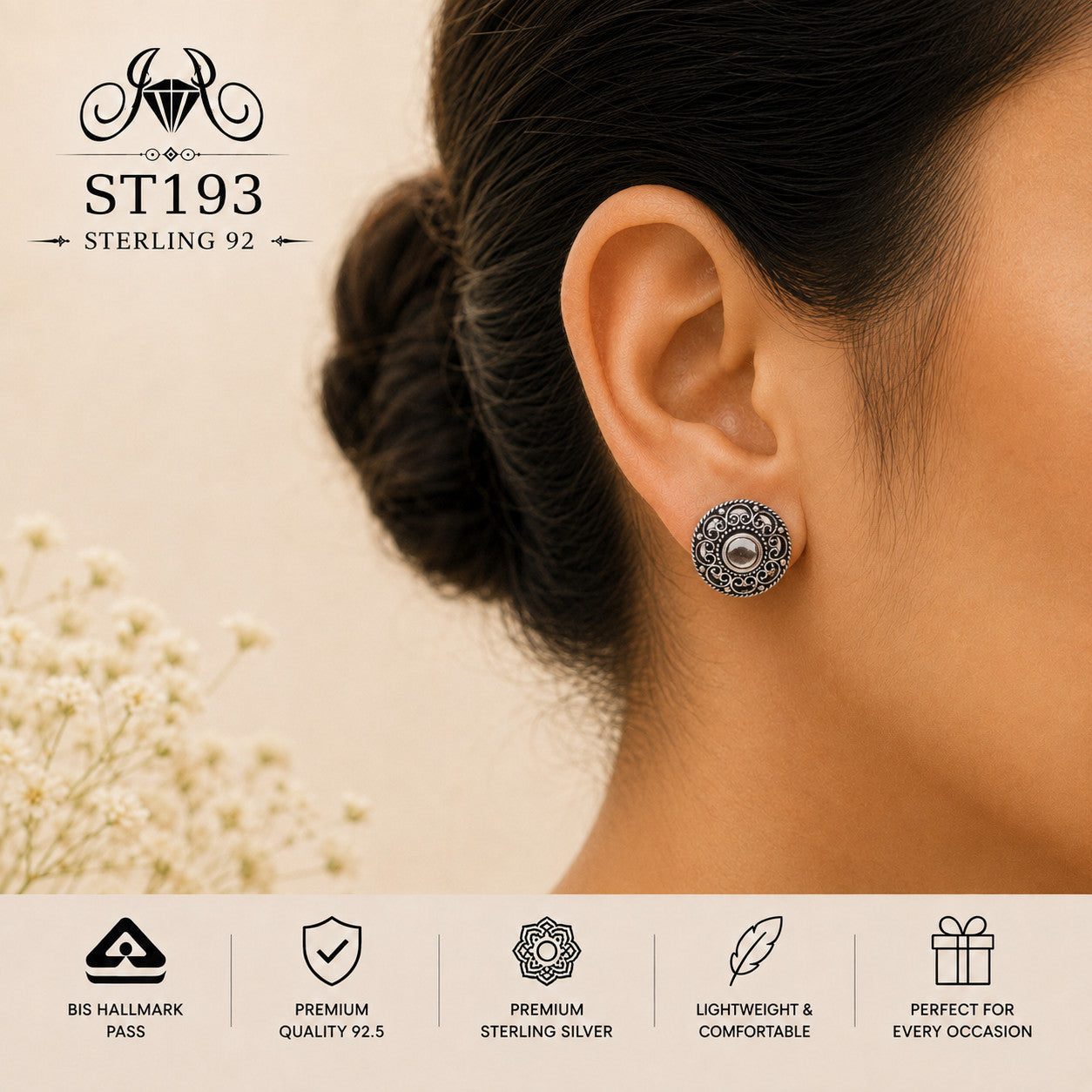 Oxidized Concentric Round 925 Sterling Silver Stud Earrings ST193 wearing view