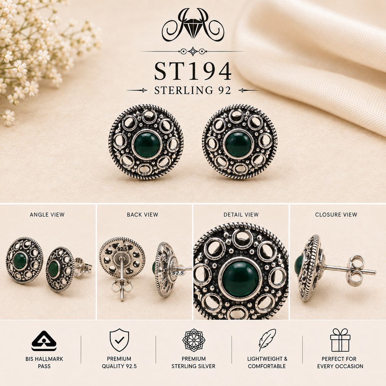 Green Oval Oxidized 925 Sterling Silver Stud Earrings ST194 details