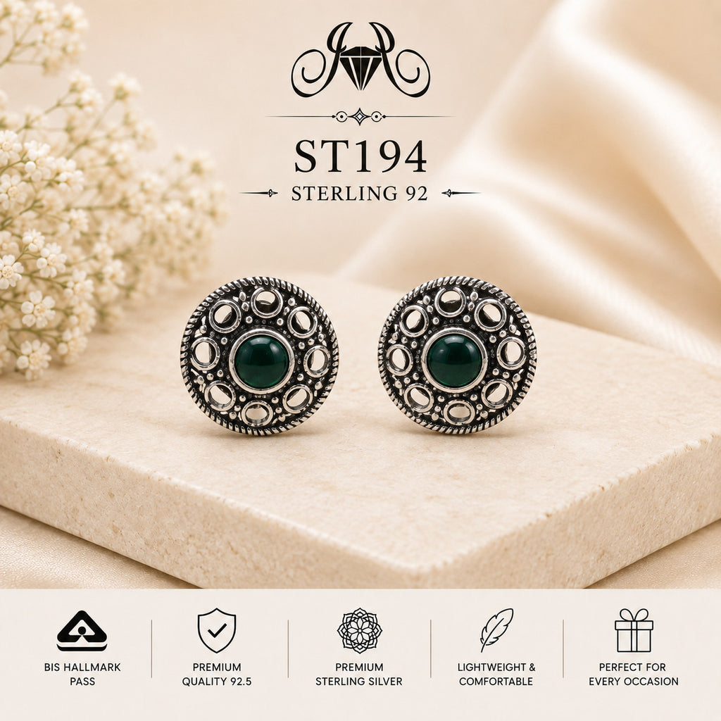 Green Oval Oxidized 925 Sterling Silver Stud Earrings ST194 portrait