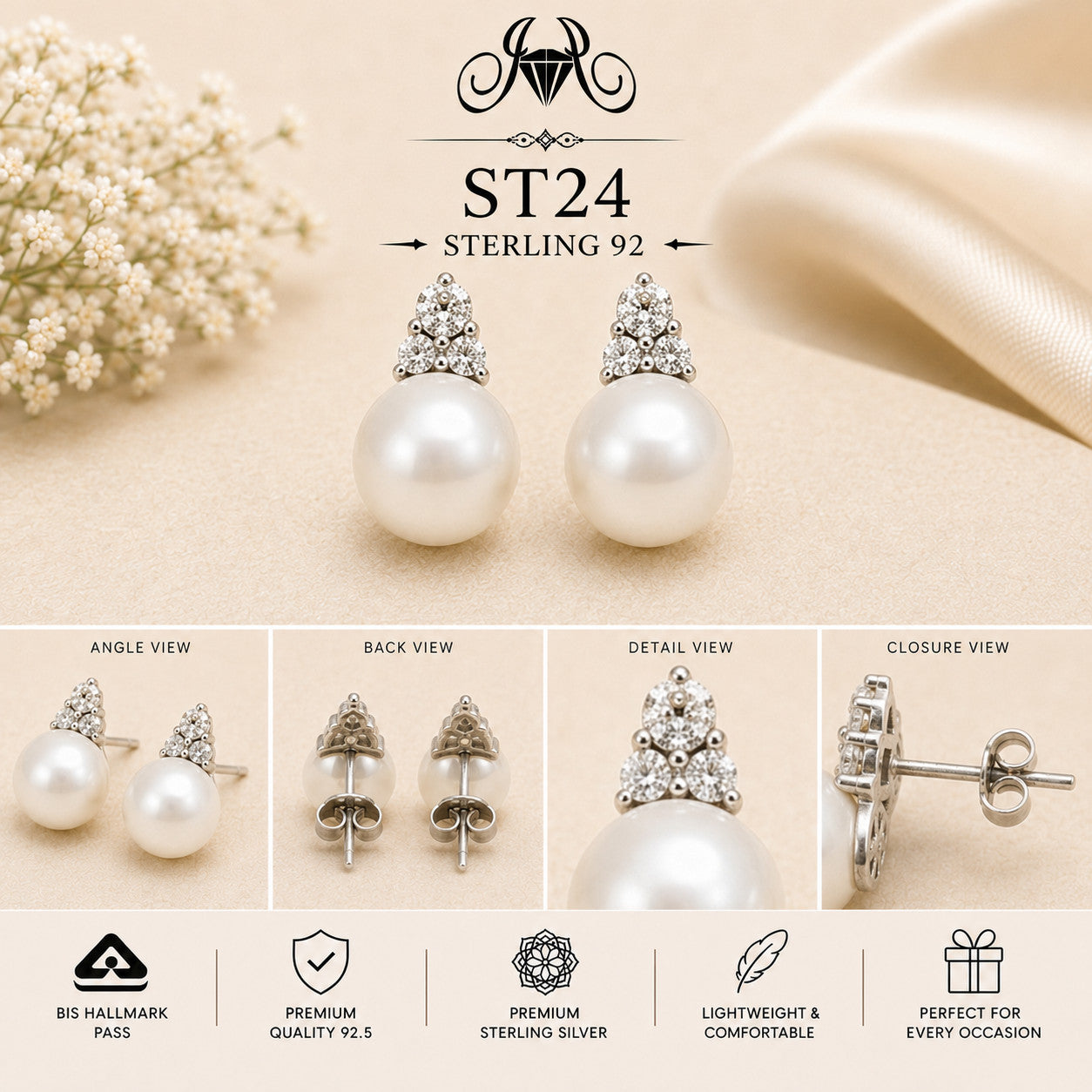 Crown Pearl 925 Sterling Silver Drop Earrings ST24 details