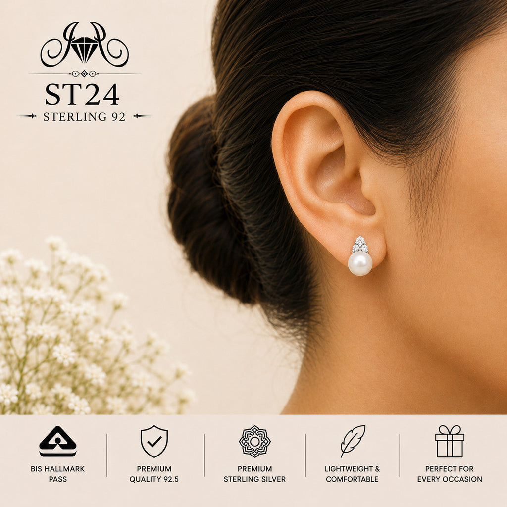 Crown Pearl 925 Sterling Silver Drop Earrings ST24 wearing view