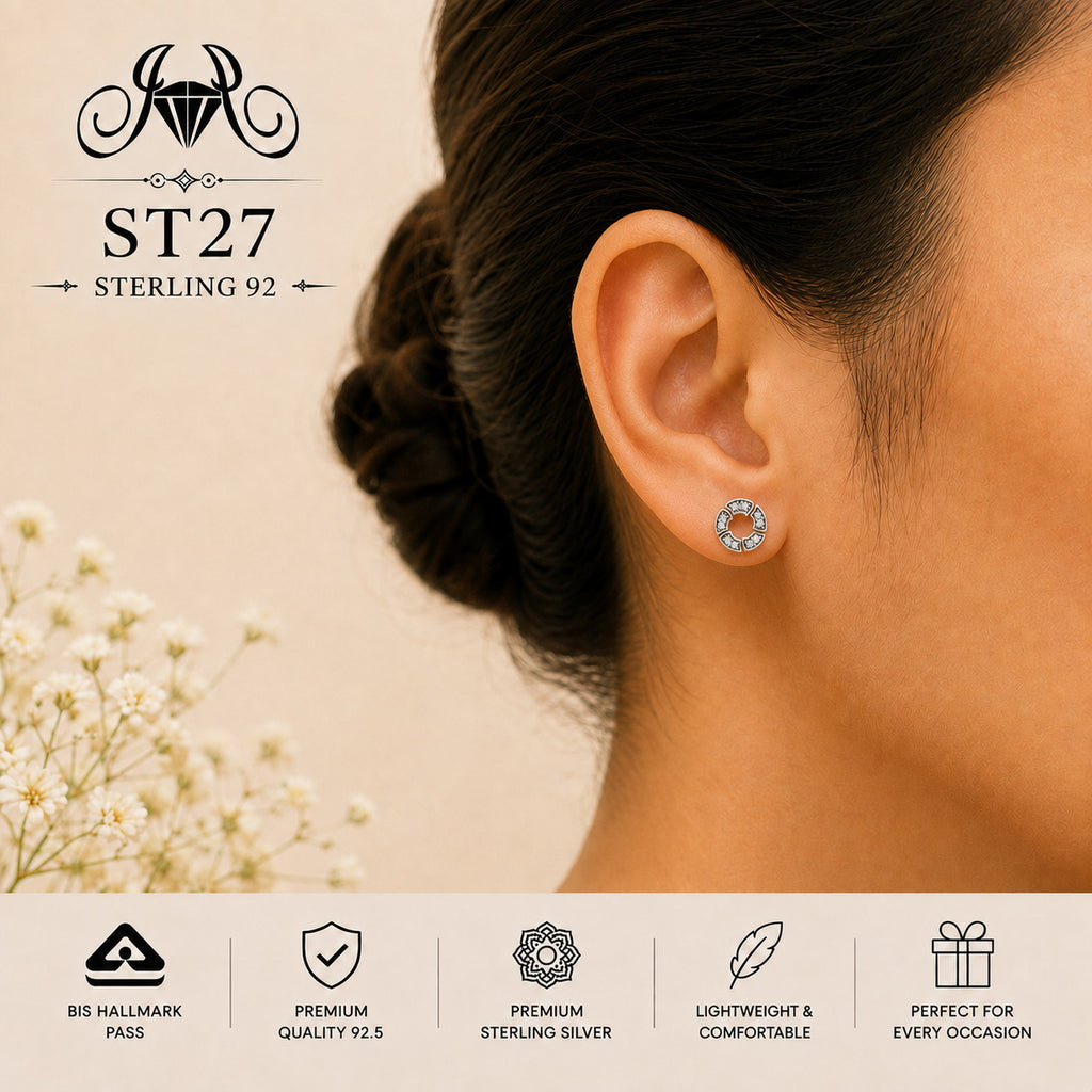 Circular Halo 925 Sterling Silver Stud Earrings ST27 wearing view