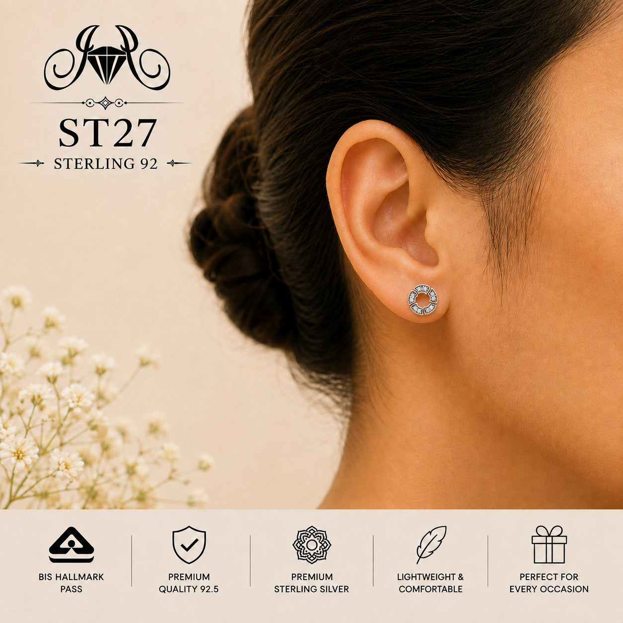 Circular Halo 925 Sterling Silver Stud Earrings ST27 wearing view