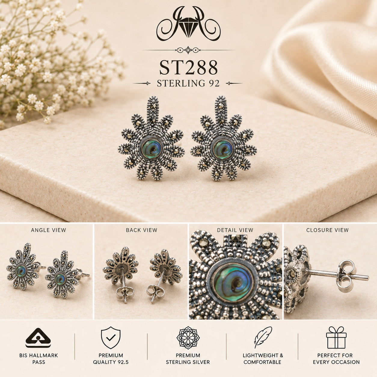 Blue Center Oxidized Floral 925 Sterling Silver Stud Earrings – ST288 details