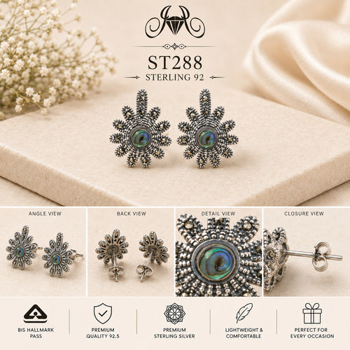 Blue Center Oxidized Floral 925 Sterling Silver Stud Earrings – ST288 details