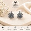 Blue Center Oxidized Floral 925 Sterling Silver Stud Earrings – ST288 portrait