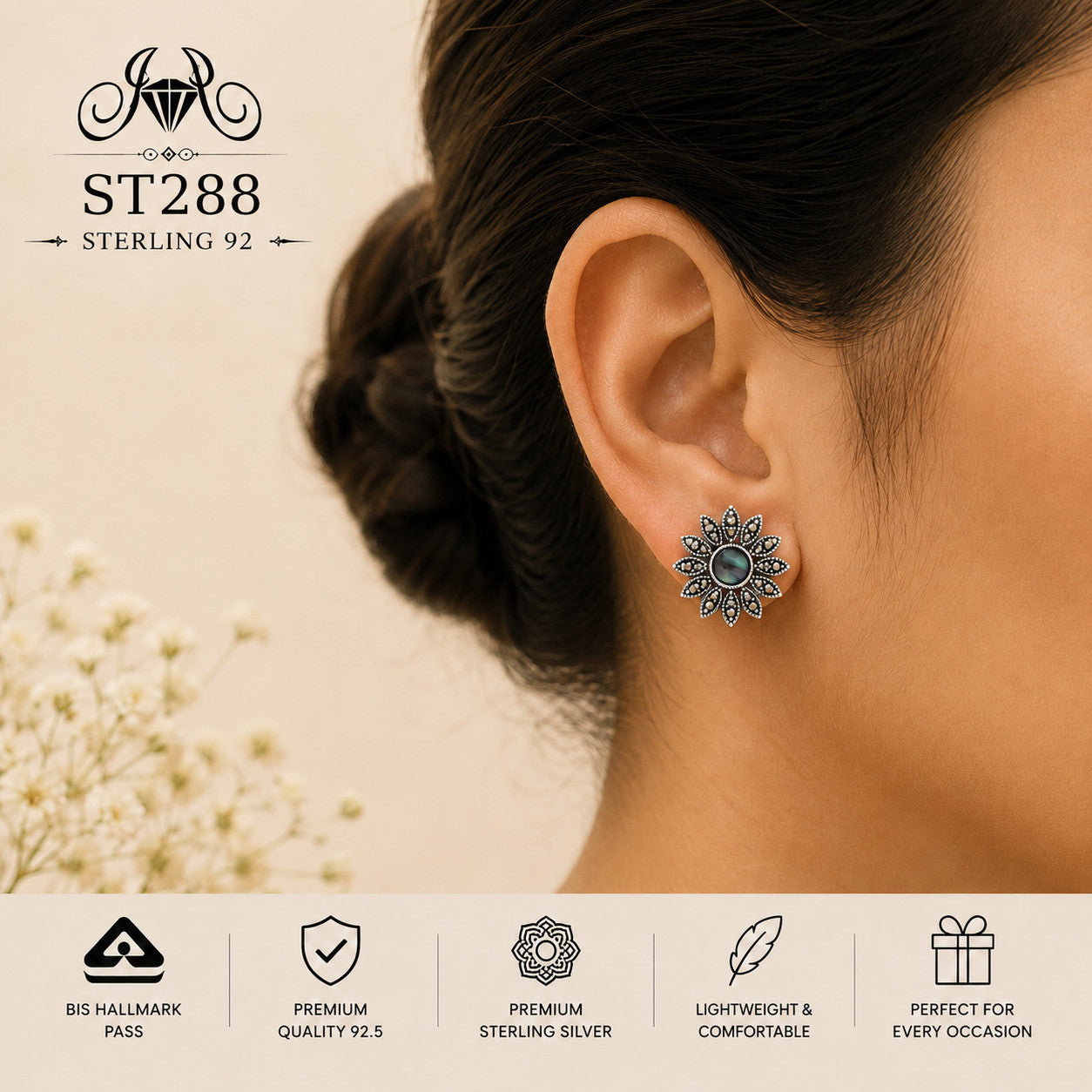Blue Center Oxidized Floral 925 Sterling Silver Stud Earrings – ST288 wearing view