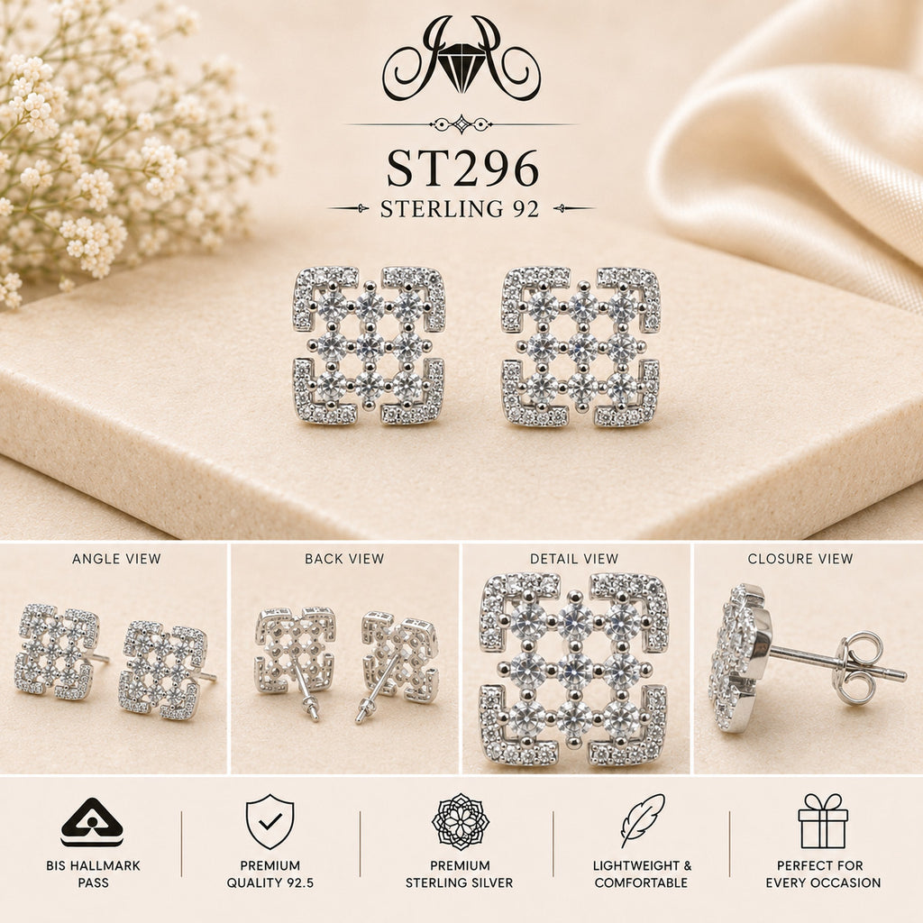 Geometric Crystal Square 925 Sterling Silver Stud Earrings – ST296 details