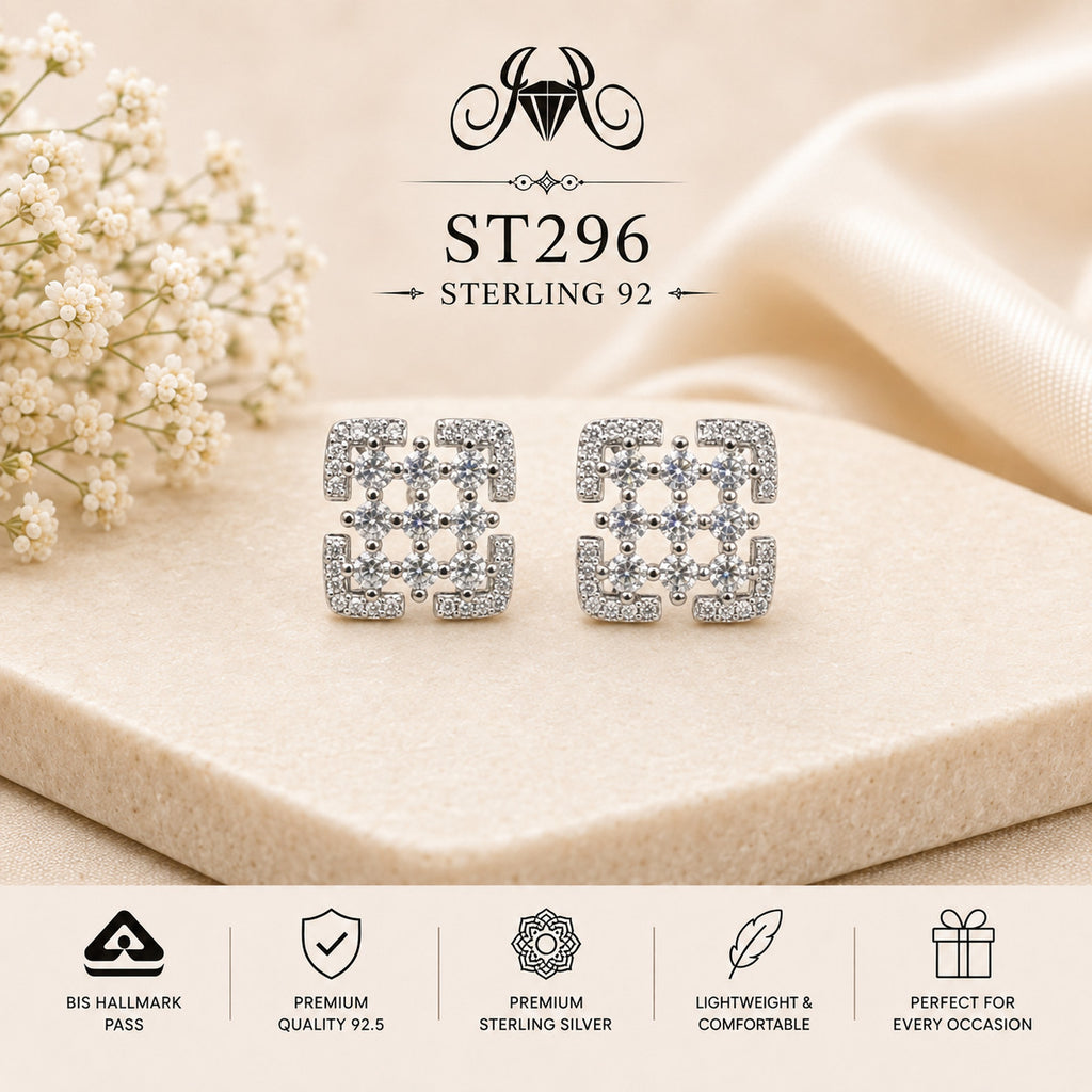 Geometric Crystal Square 925 Sterling Silver Stud Earrings – ST296 portrait