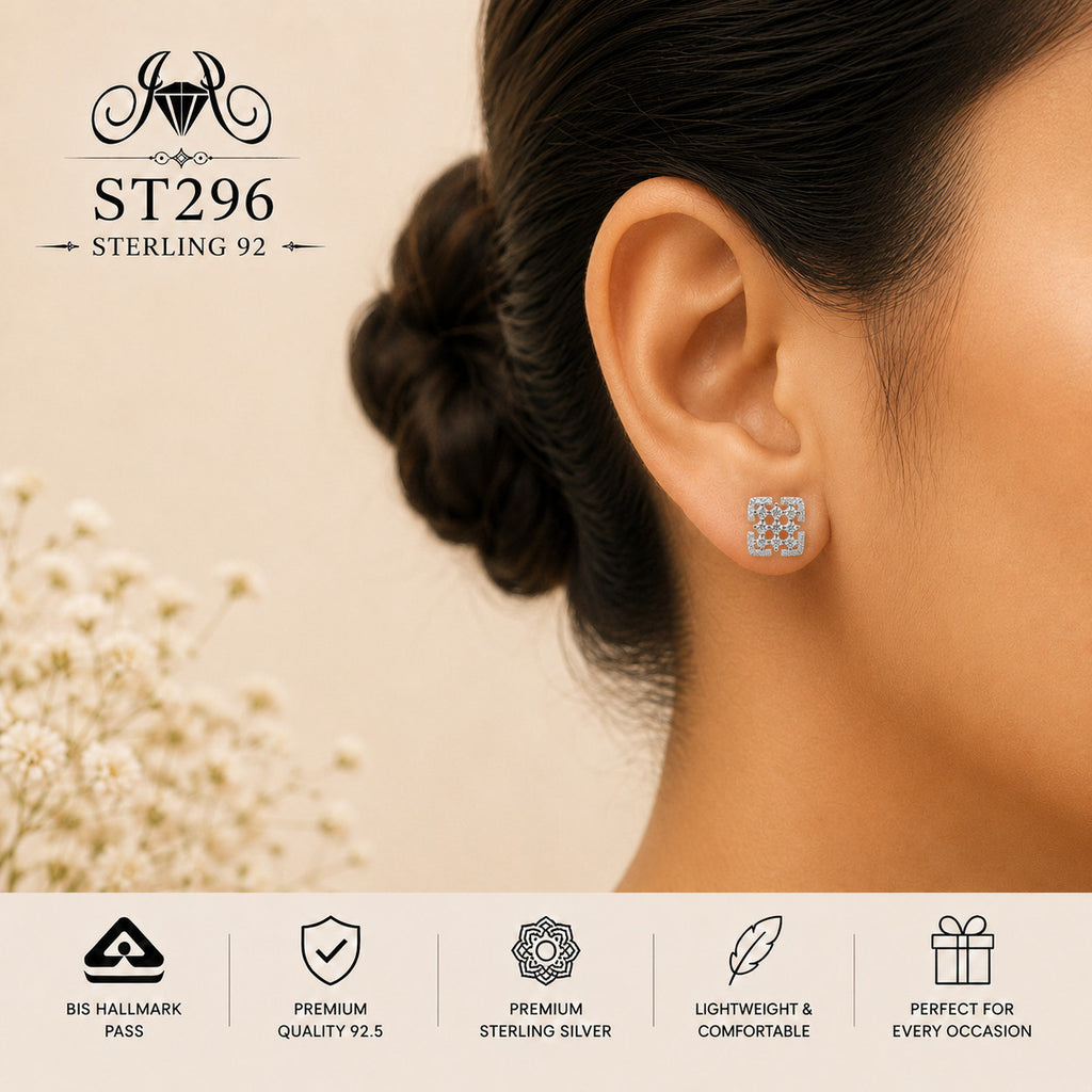 Geometric Crystal Square 925 Sterling Silver Stud Earrings – ST296 wearing view