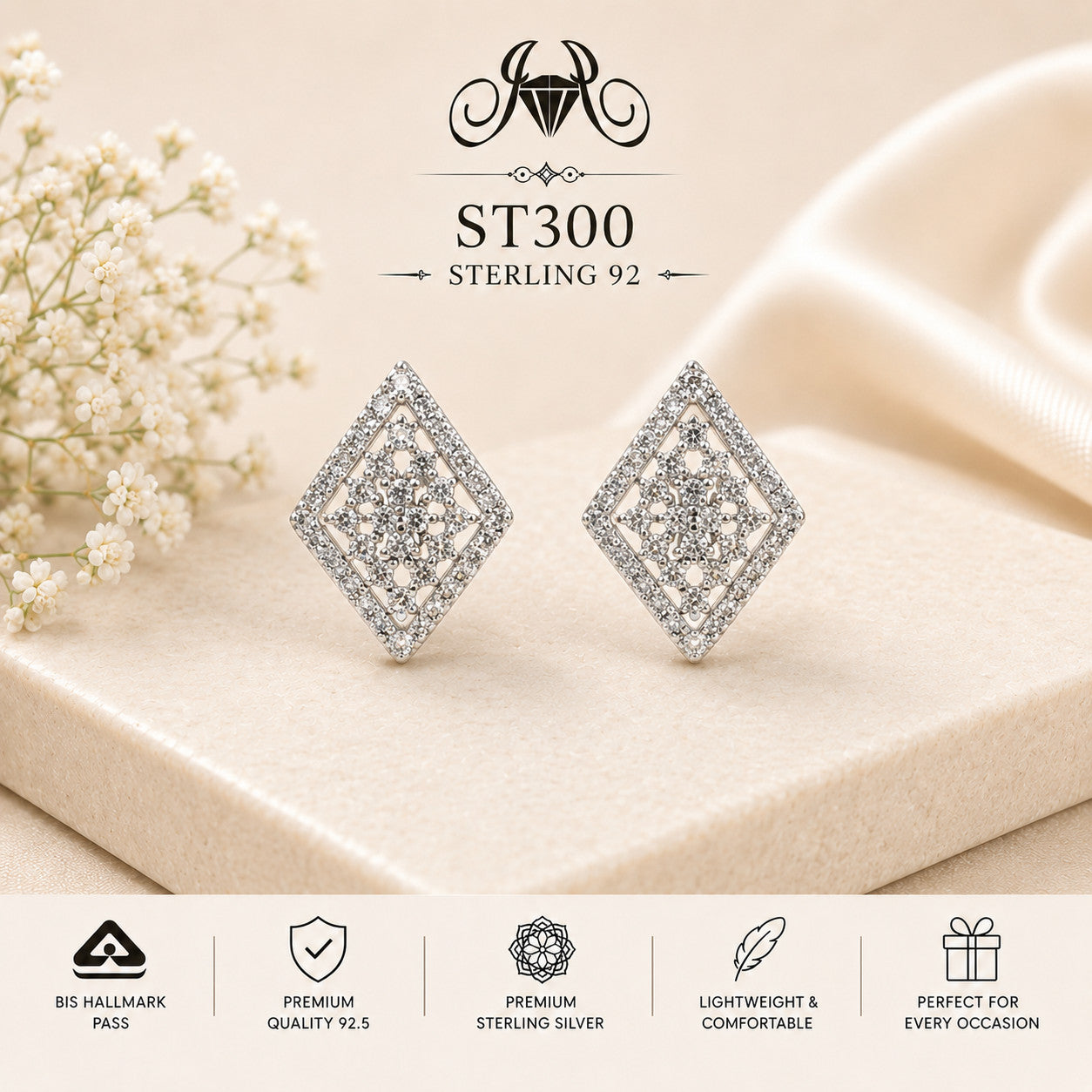 Crystal Diamond Lattice 925 Sterling Silver Stud Earrings – ST300 portrait