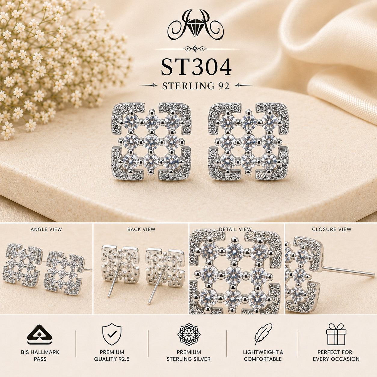 Floral Cutwork Square Crystal 925 Sterling Silver Stud Earrings – ST304 details