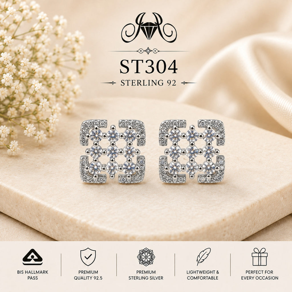 Floral Cutwork Square Crystal 925 Sterling Silver Stud Earrings – ST304 portrait