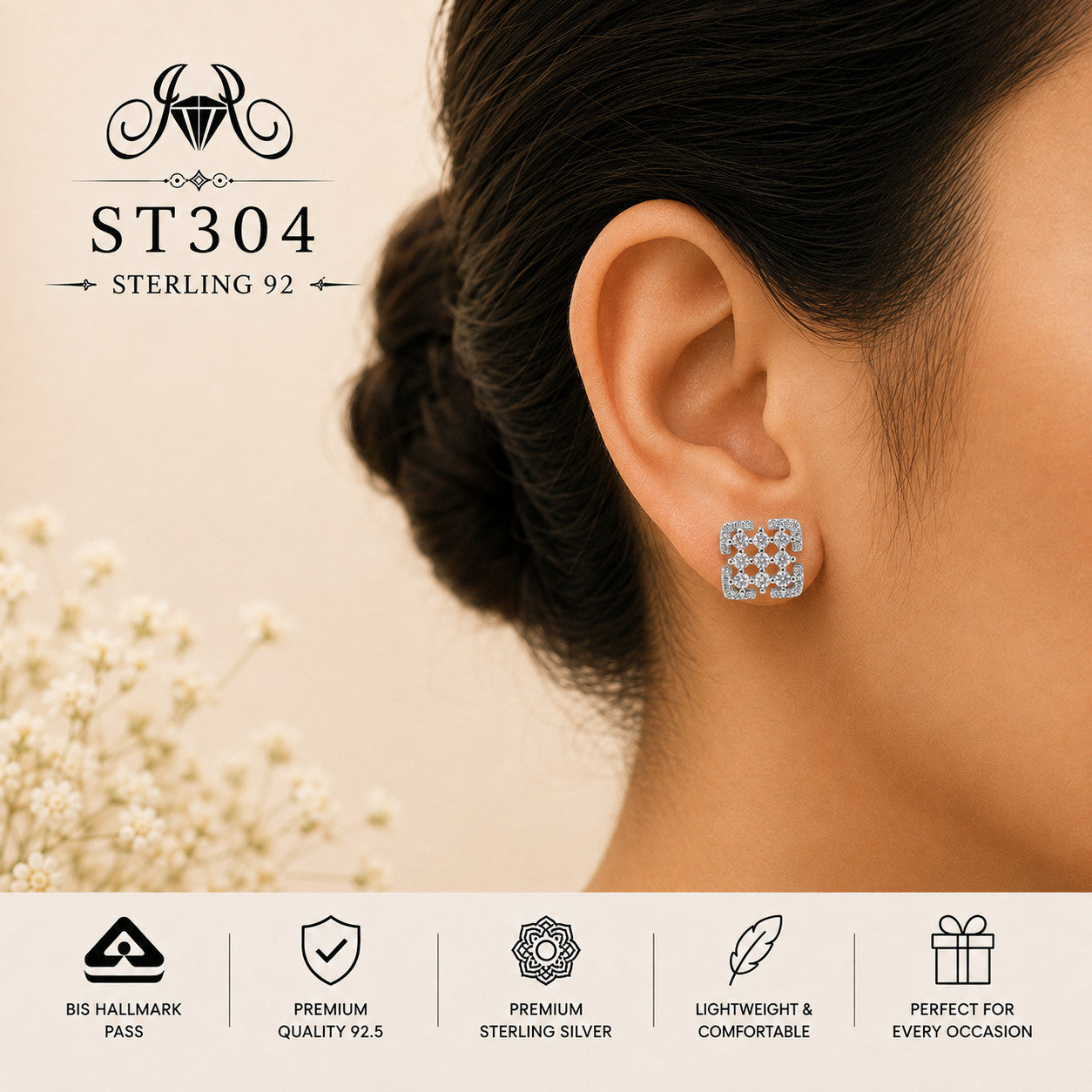 Floral Cutwork Square Crystal 925 Sterling Silver Stud Earrings – ST304 wearing view