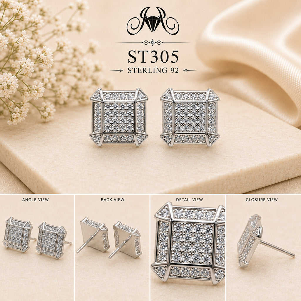 Princess-Cut Grid Square Crystal 925 Sterling Silver Stud Earrings – ST305 details