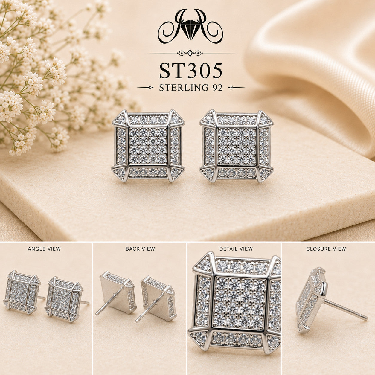 Princess-Cut Grid Square Crystal 925 Sterling Silver Stud Earrings – ST305 details