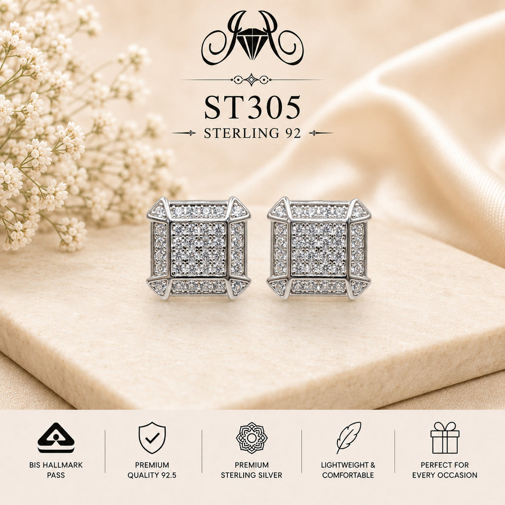 Princess-Cut Grid Square Crystal 925 Sterling Silver Stud Earrings – ST305 portrait