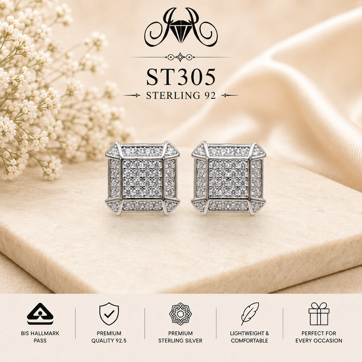 Princess-Cut Grid Square Crystal 925 Sterling Silver Stud Earrings – ST305 portrait