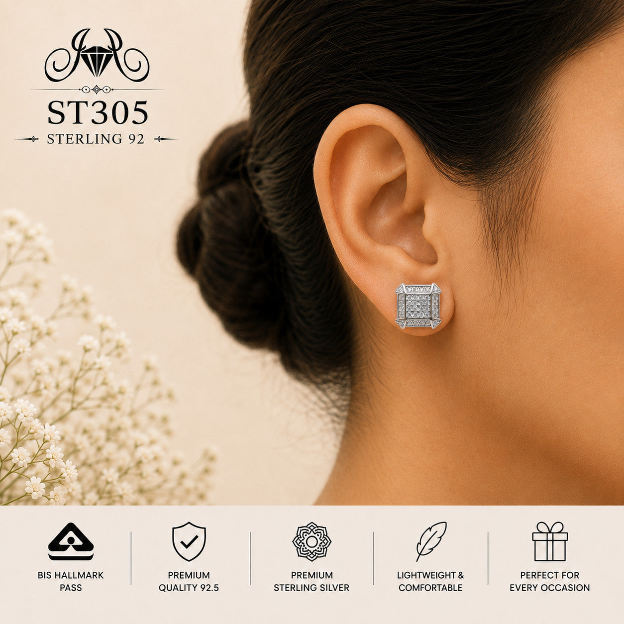 Princess-Cut Grid Square Crystal 925 Sterling Silver Stud Earrings – ST305 wearing view