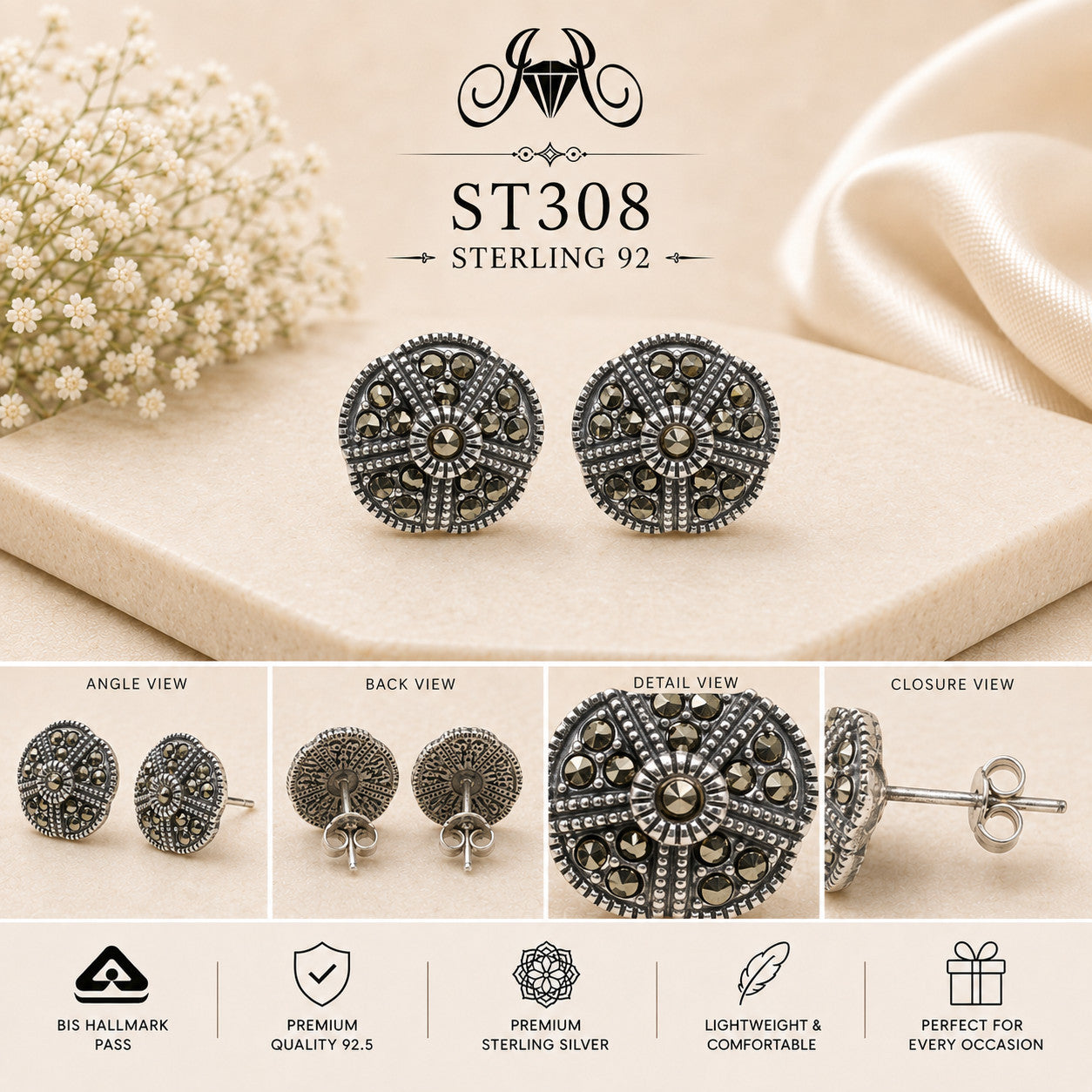 Oxidized Sunburst Round 925 Sterling Silver Stud Earrings – ST308 details