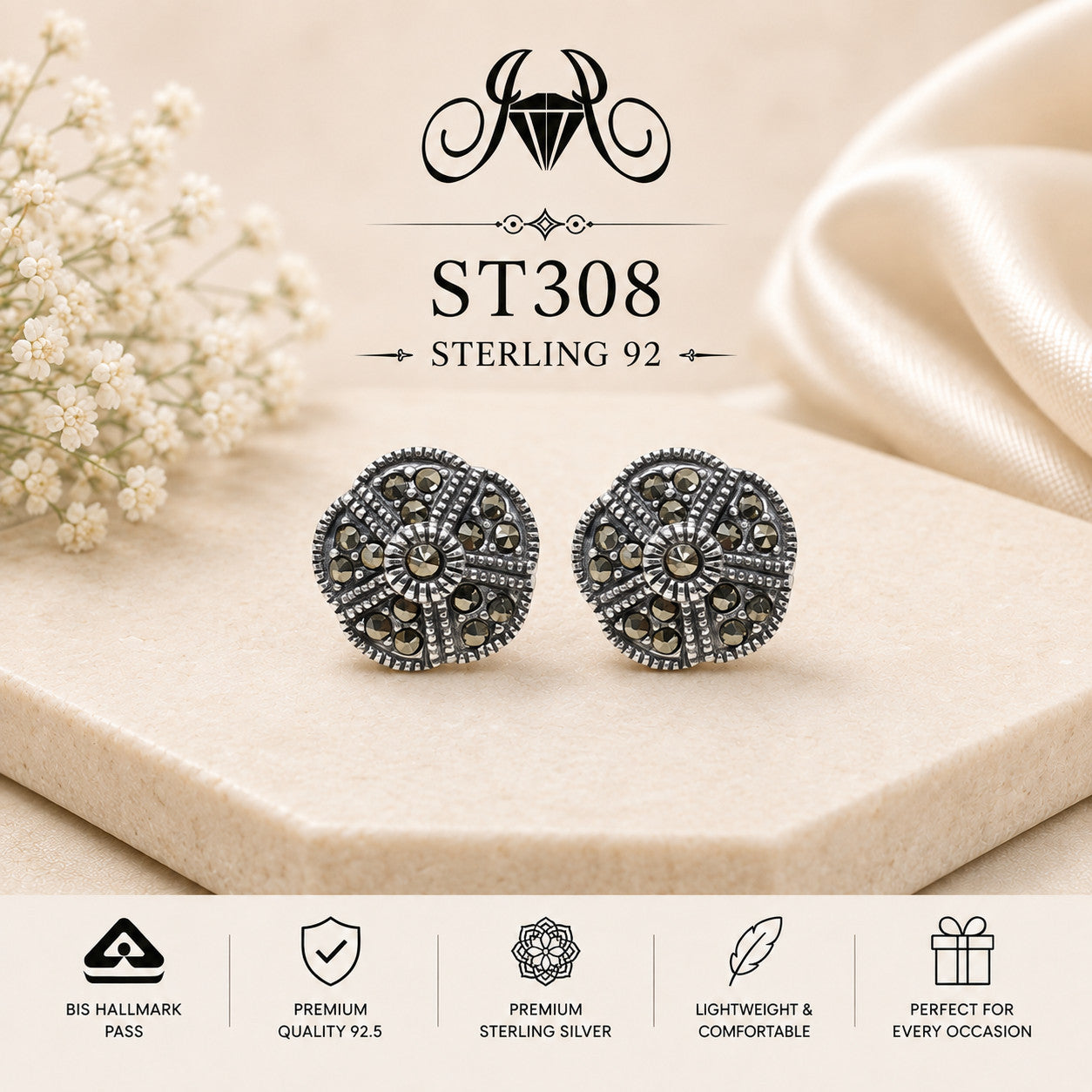 Oxidized Sunburst Round 925 Sterling Silver Stud Earrings – ST308 portrait