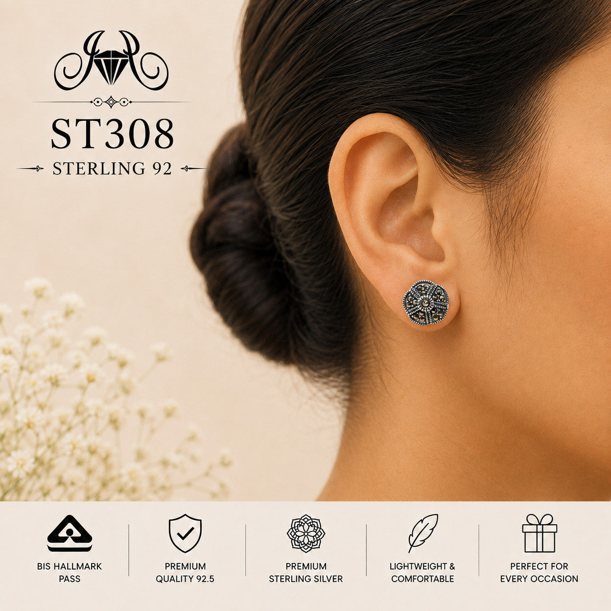 Oxidized Sunburst Round 925 Sterling Silver Stud Earrings – ST308 wearing view