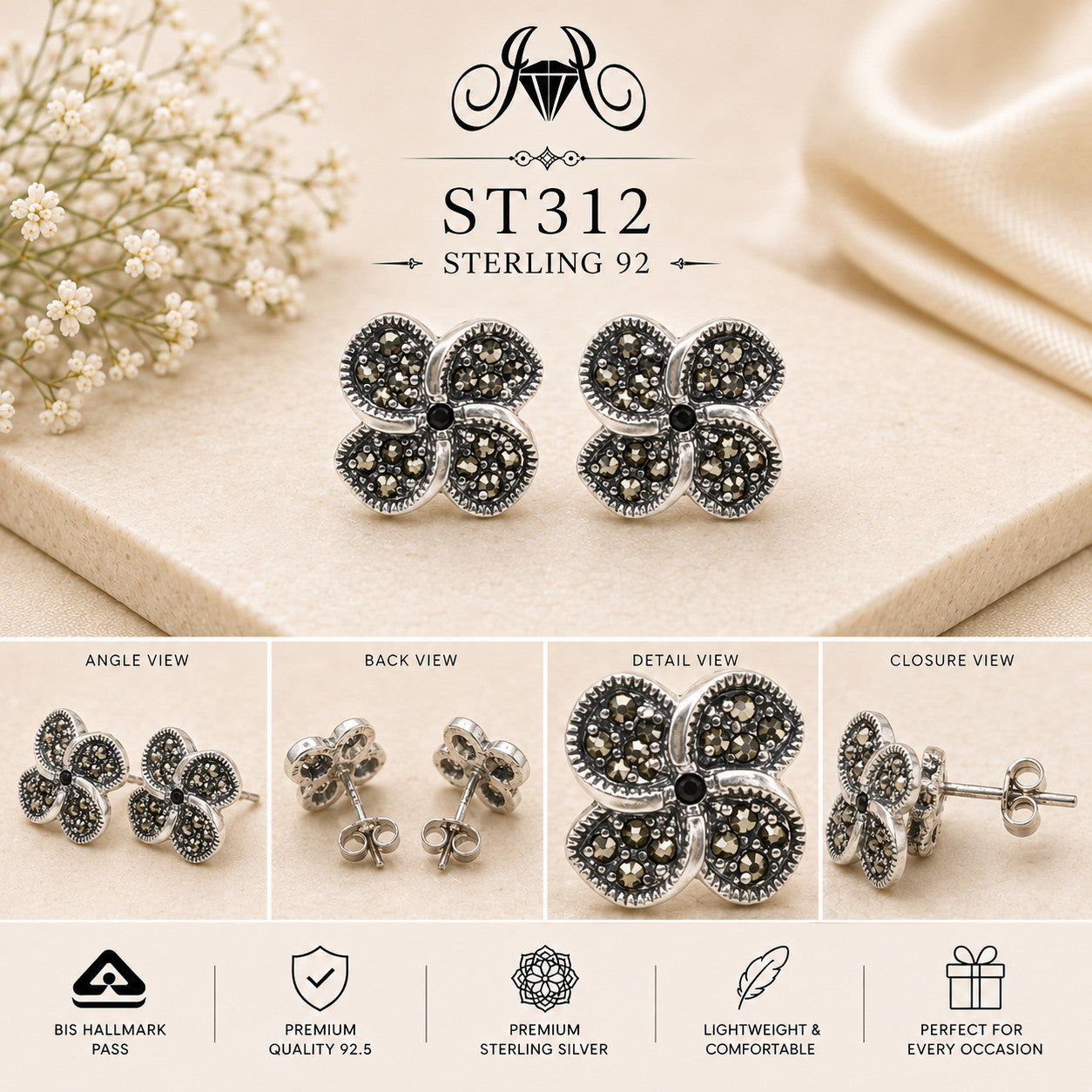 Oxidized Four-Petal Clover 925 Sterling Silver Stud Earrings – ST312 details
