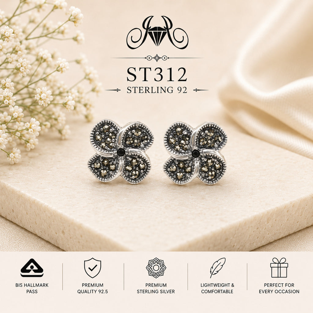 Oxidized Four-Petal Clover 925 Sterling Silver Stud Earrings – ST312 portrait