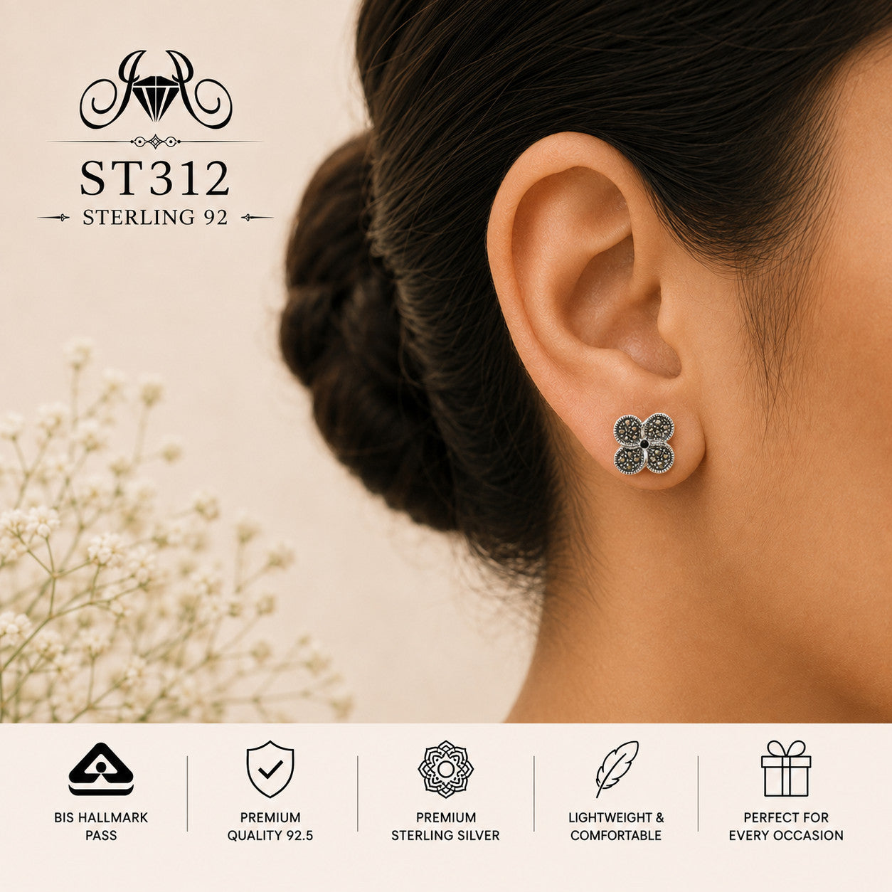 Oxidized Four-Petal Clover 925 Sterling Silver Stud Earrings – ST312 wearing view