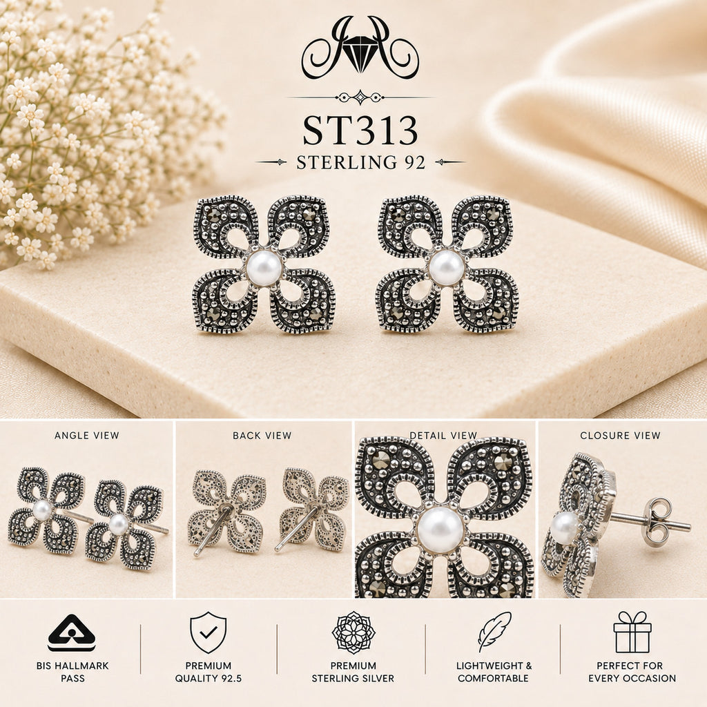 Pearl Center Oxidized Four-Petal Flower 925 Sterling Silver Stud Earrings – ST313 details