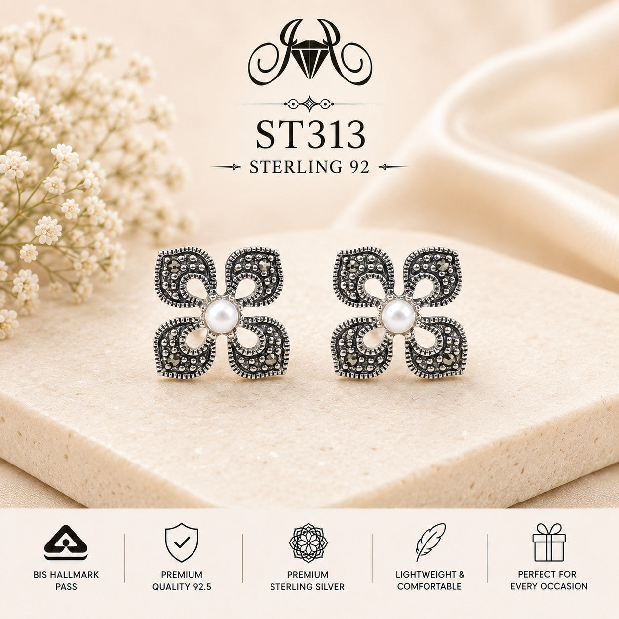 Pearl Center Oxidized Four-Petal Flower 925 Sterling Silver Stud Earrings – ST313 portrait
