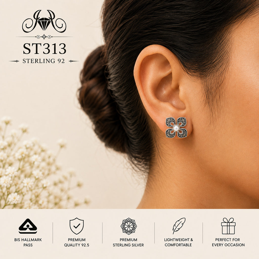 Pearl Center Oxidized Four-Petal Flower 925 Sterling Silver Stud Earrings – ST313 wearing view