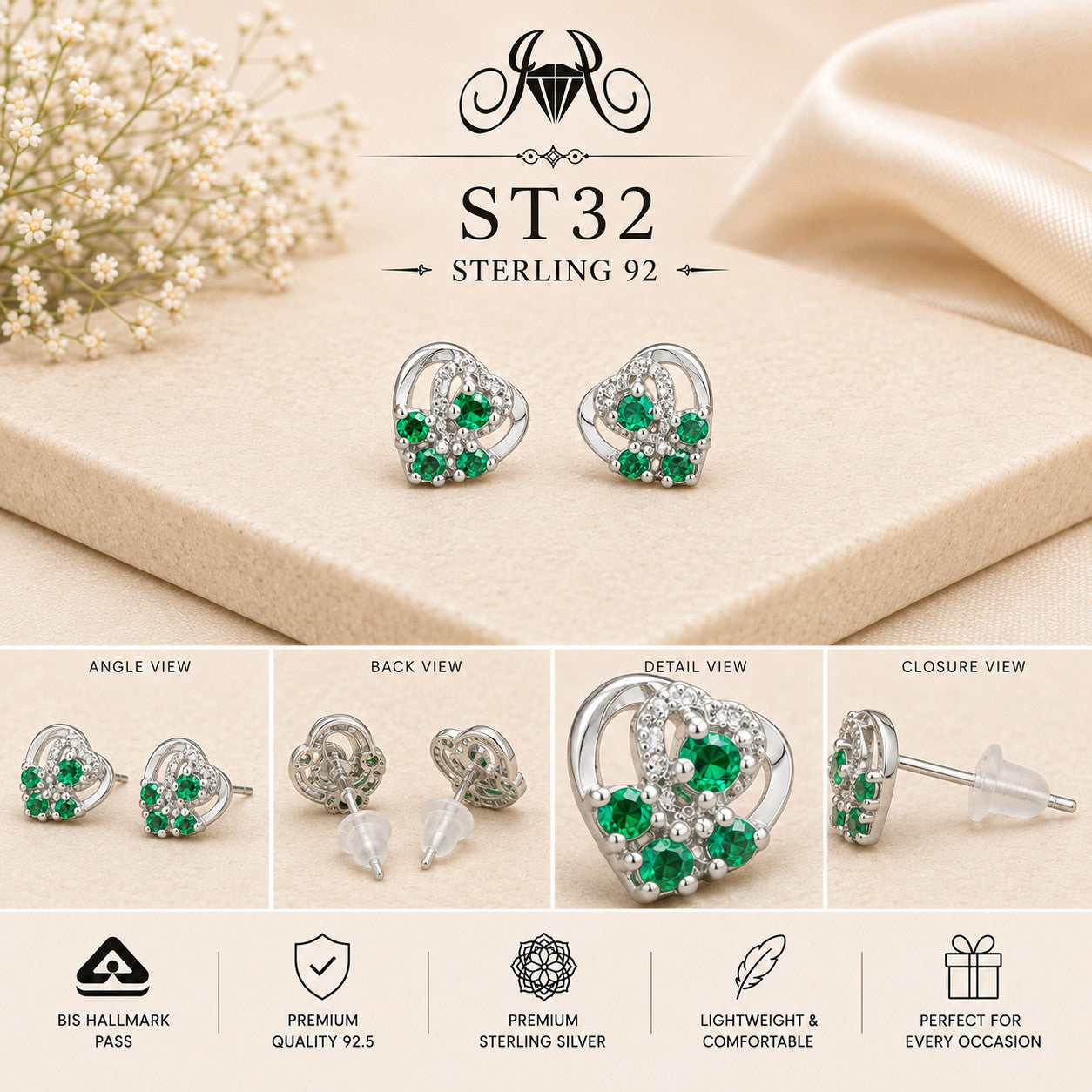 Green Peacock Swirl 925 Sterling Silver Stud Earrings ST32 details