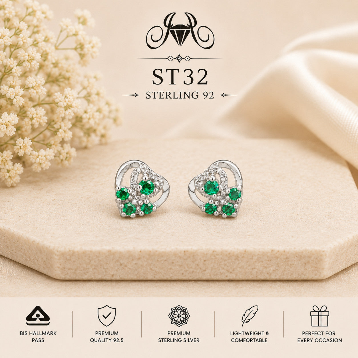 Green Peacock Swirl 925 Sterling Silver Stud Earrings ST32 portrait