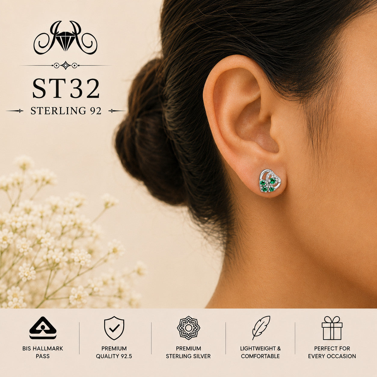 Green Peacock Swirl 925 Sterling Silver Stud Earrings ST32 wearing view