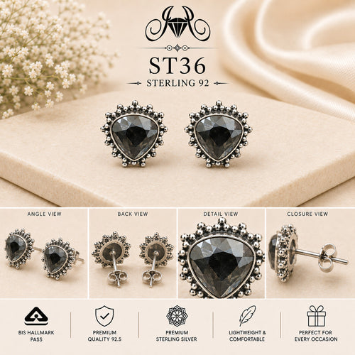 Black Heart Halo 925 Sterling Silver Stud Earrings ST36 details