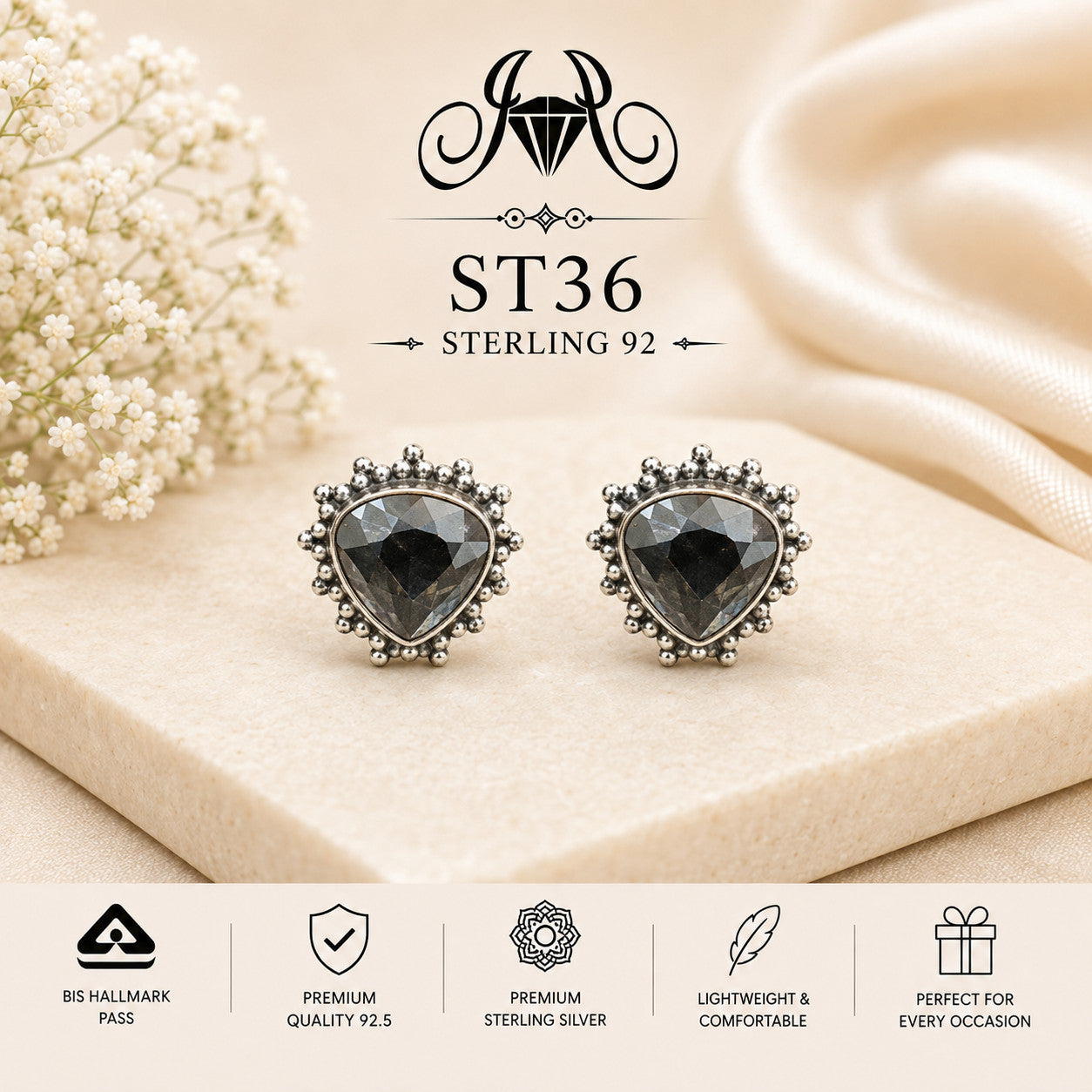 Black Heart Halo 925 Sterling Silver Stud Earrings ST36 portrait