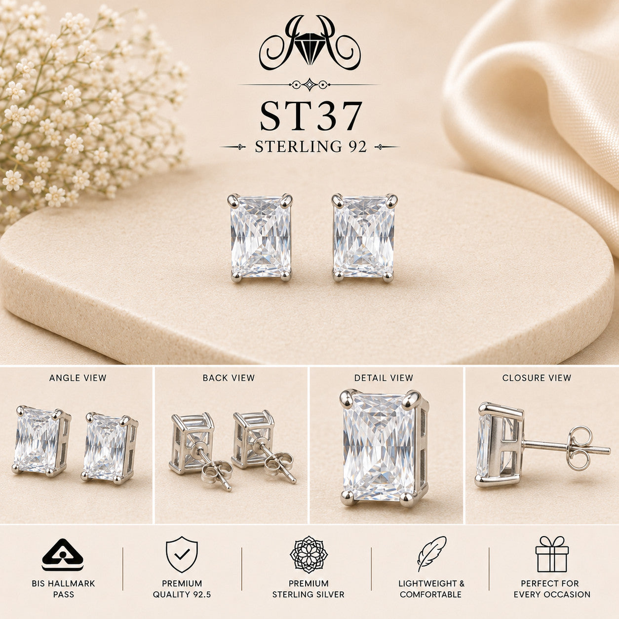 Emerald-Cut Crystal 925 Sterling Silver Stud Earrings ST37 details