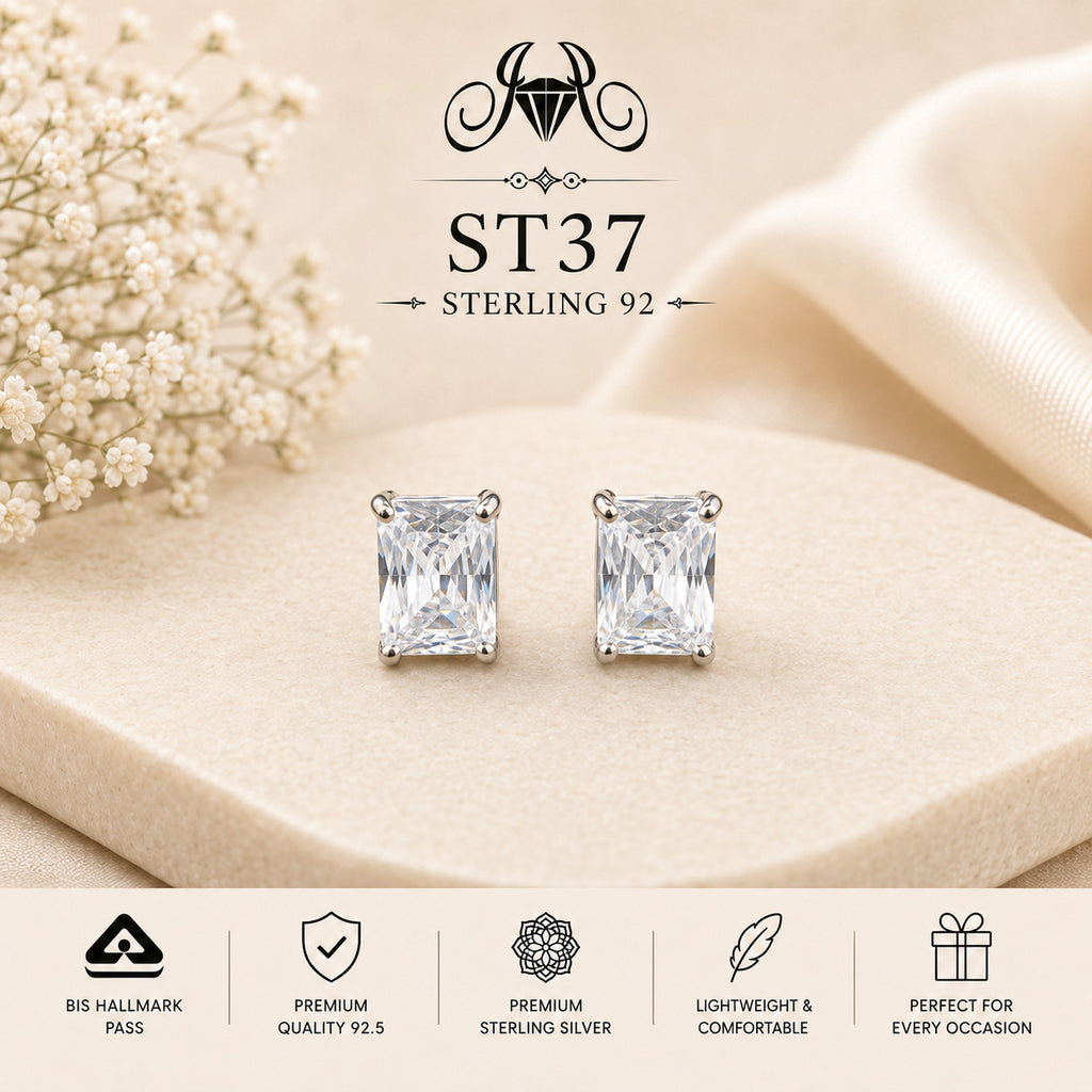 Emerald-Cut Crystal 925 Sterling Silver Stud Earrings ST37 portrait