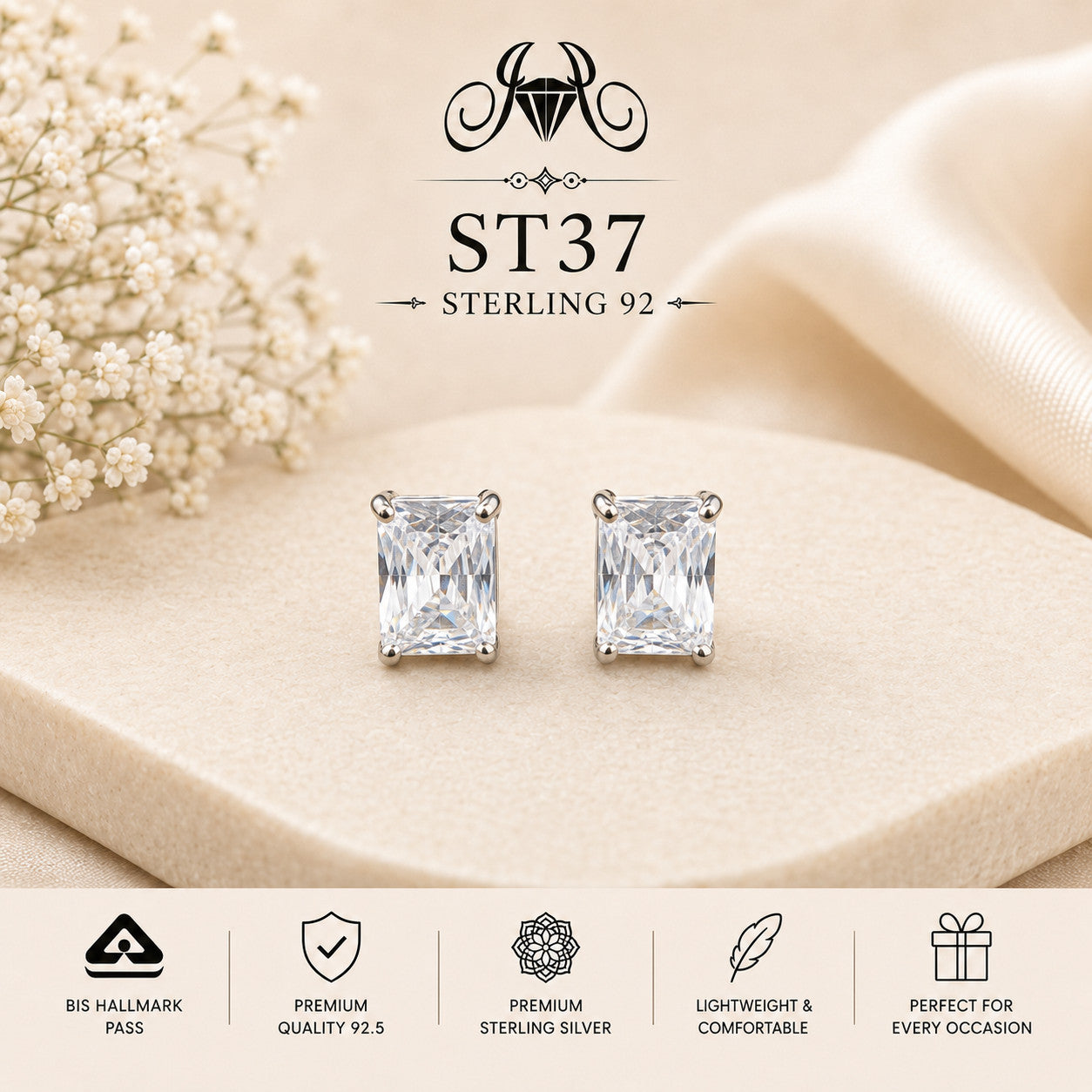 Emerald-Cut Crystal 925 Sterling Silver Stud Earrings ST37 portrait