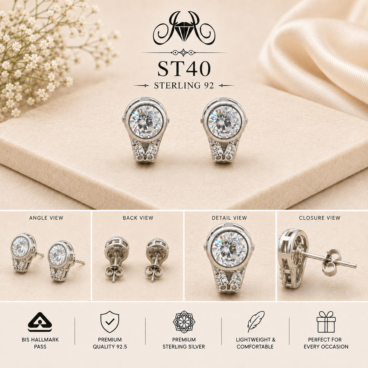 Vintage Teardrop Frame 925 Sterling Silver Stud Earrings ST40 details