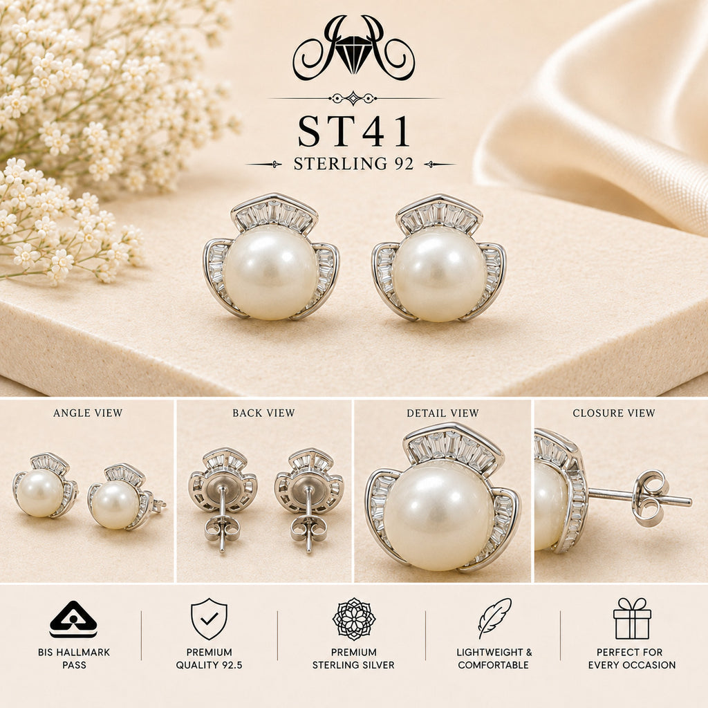 Pearl Halo Crown 925 Sterling Silver Stud Earrings ST41 details