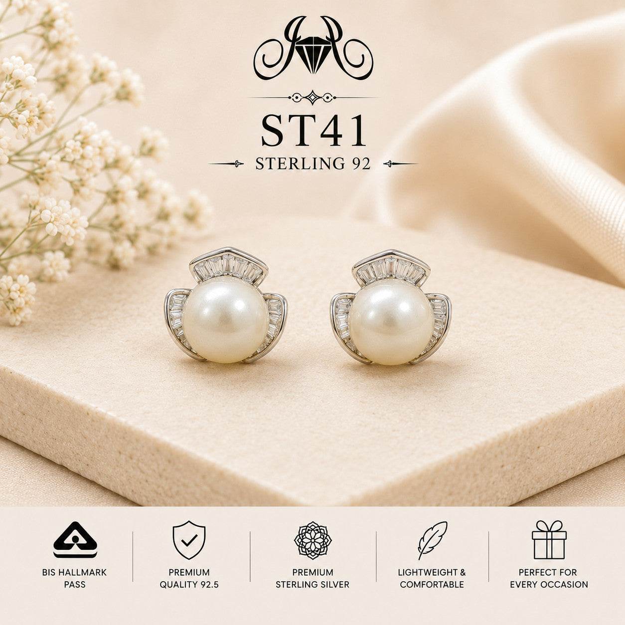 Pearl Halo Crown 925 Sterling Silver Stud Earrings ST41 portrait